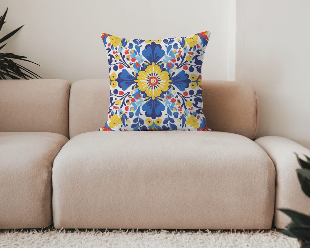 Neutral Interior Cushion Mockup White Pillow On Soft Beige Sofa With Greenery Accents And Cozy Textured Rug 030