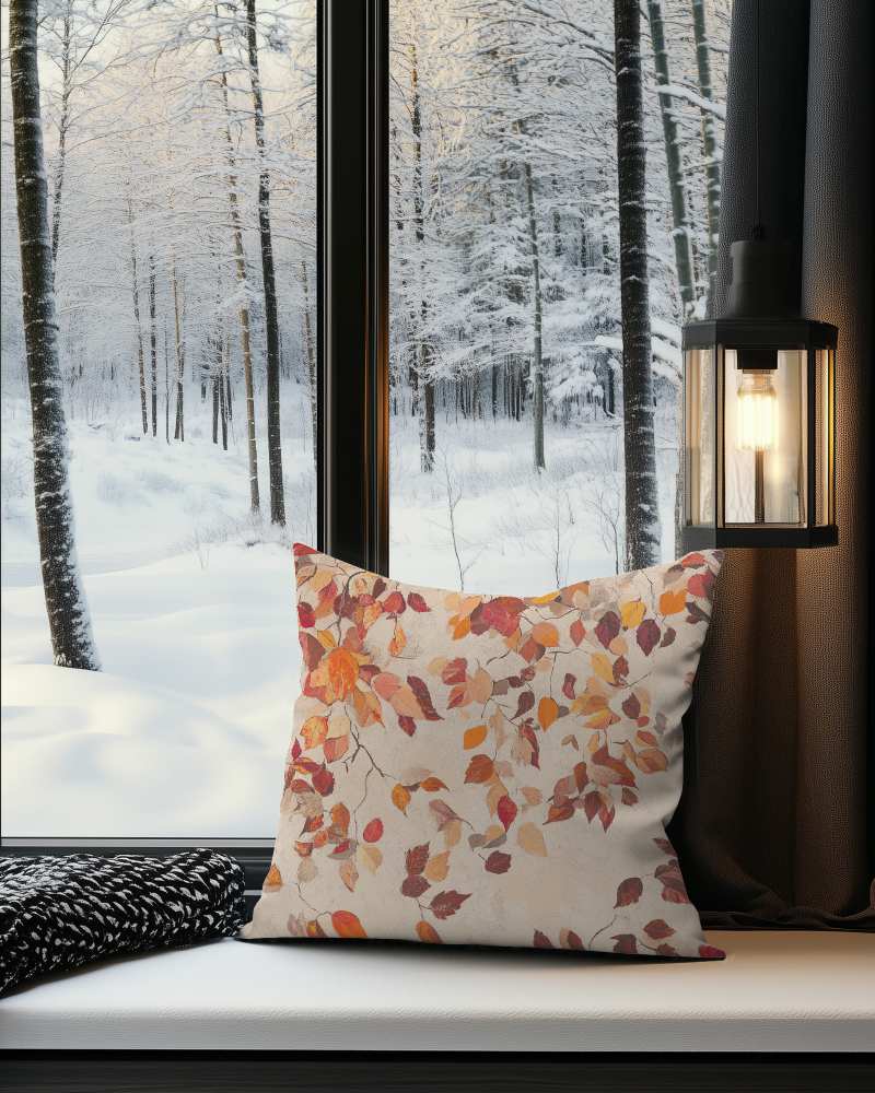 Winter Window Nook Cushion Mockup White Pillow On Cozy Bench With Snowy Forest View And Warm Lantern Lighting Tranquil And Festive Ambience 034
