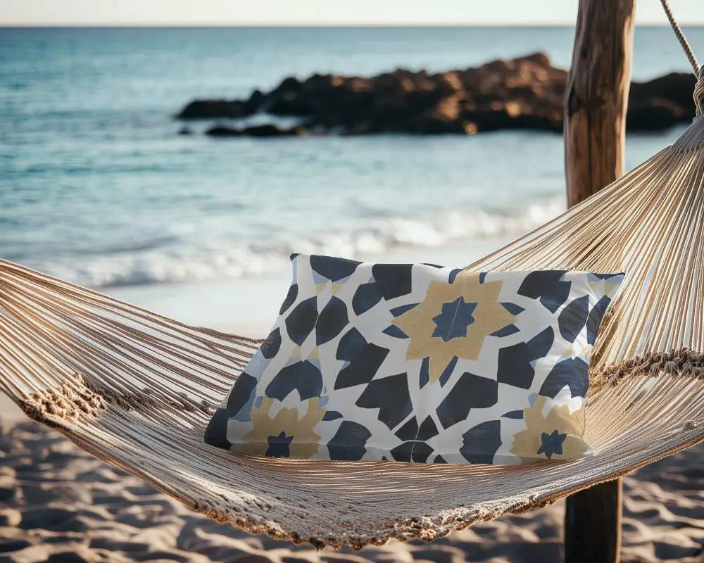 Beachfront Hammock Pillow Mockup White Rectangular Pillow In Sunny Seaside Relaxing Summer Scene 042