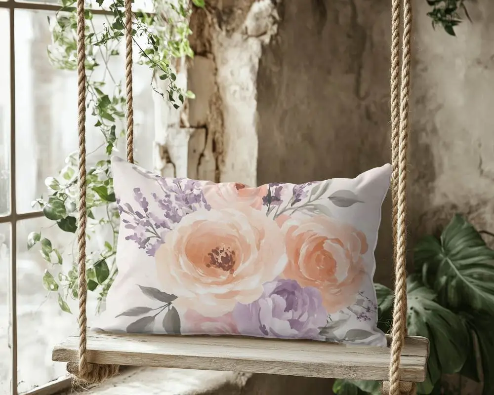 Rustic Swing Cushion Mockup White Rectangular Pillow On Wooden Swing Near Window With Greenery 043