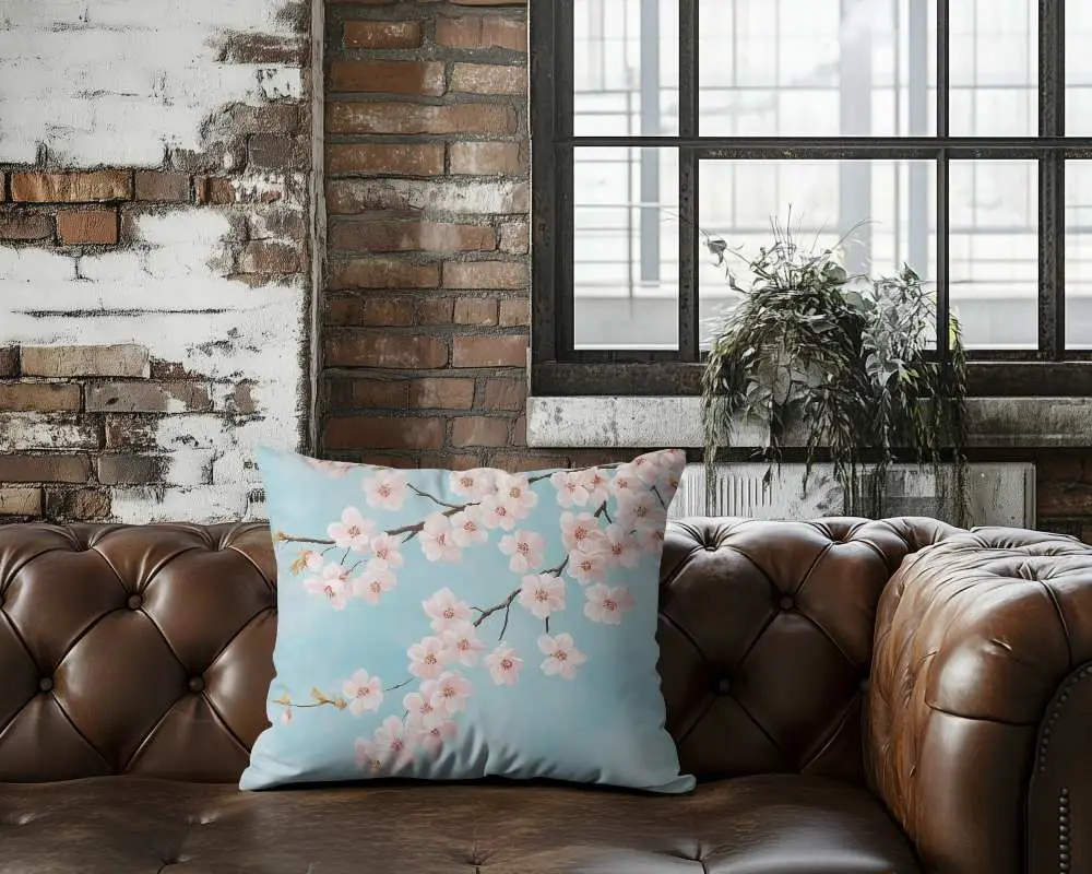 Industrial Loft Cushion Mockup White Pillow On Brown Leather Sofa Exposed Brick Wall And Large Window 045