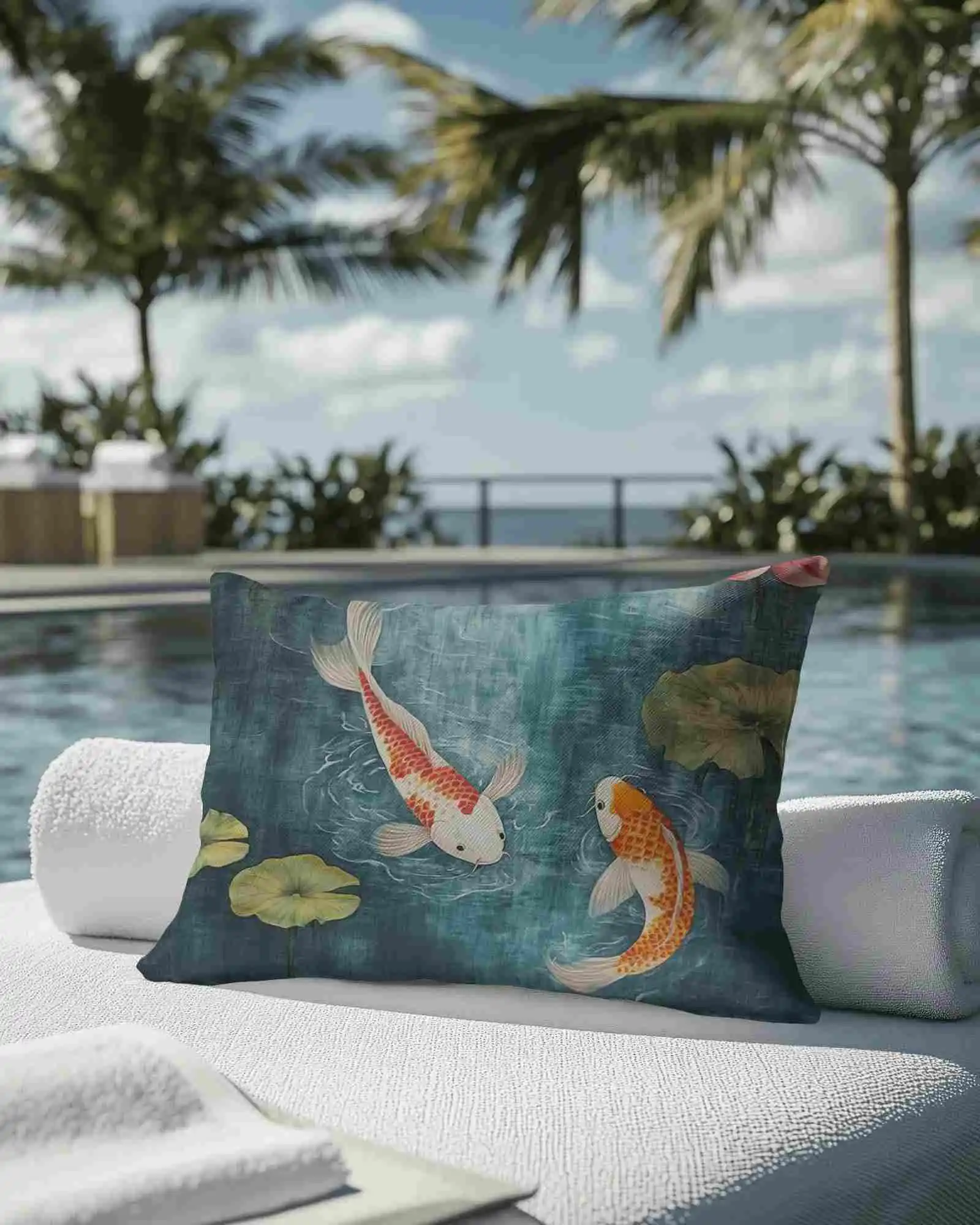 Outdoor Poolside Cushion Mockup On Lounger With Tropical Palms Ocean View And Sunny Resort Vibes