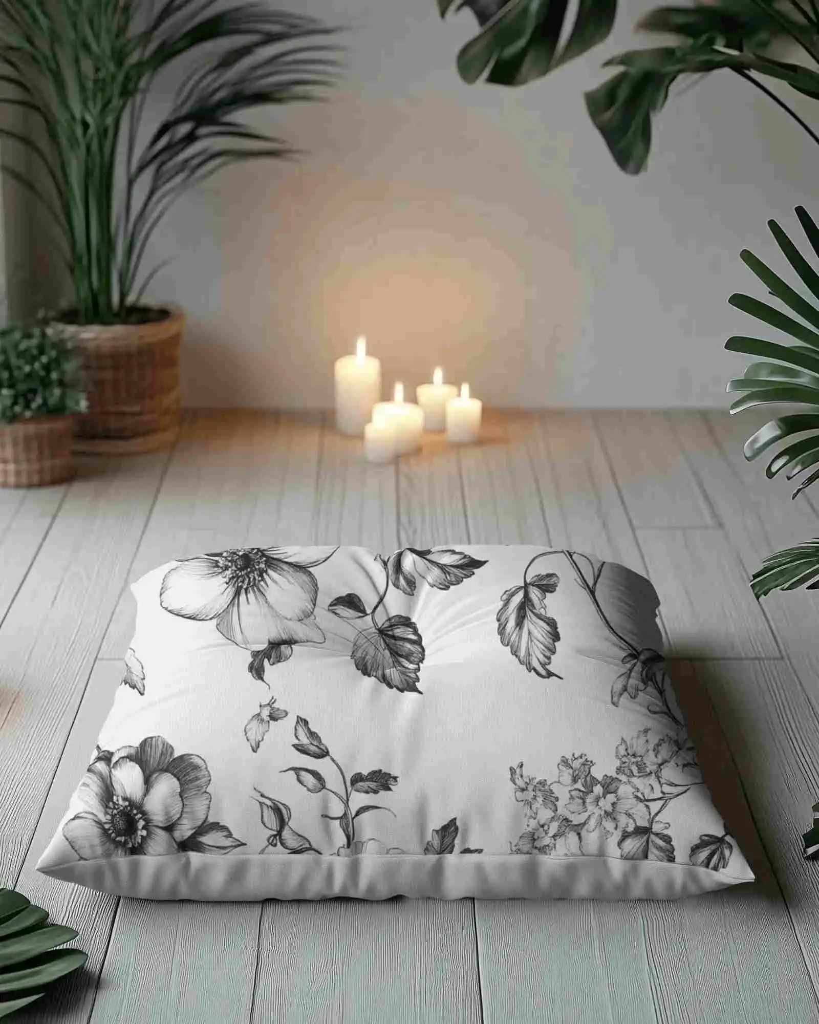 Zen Floor Cushion Mockup With Candles And Indoor Plants On Wooden Floor Soft Evening Lighting And Serene Ambience