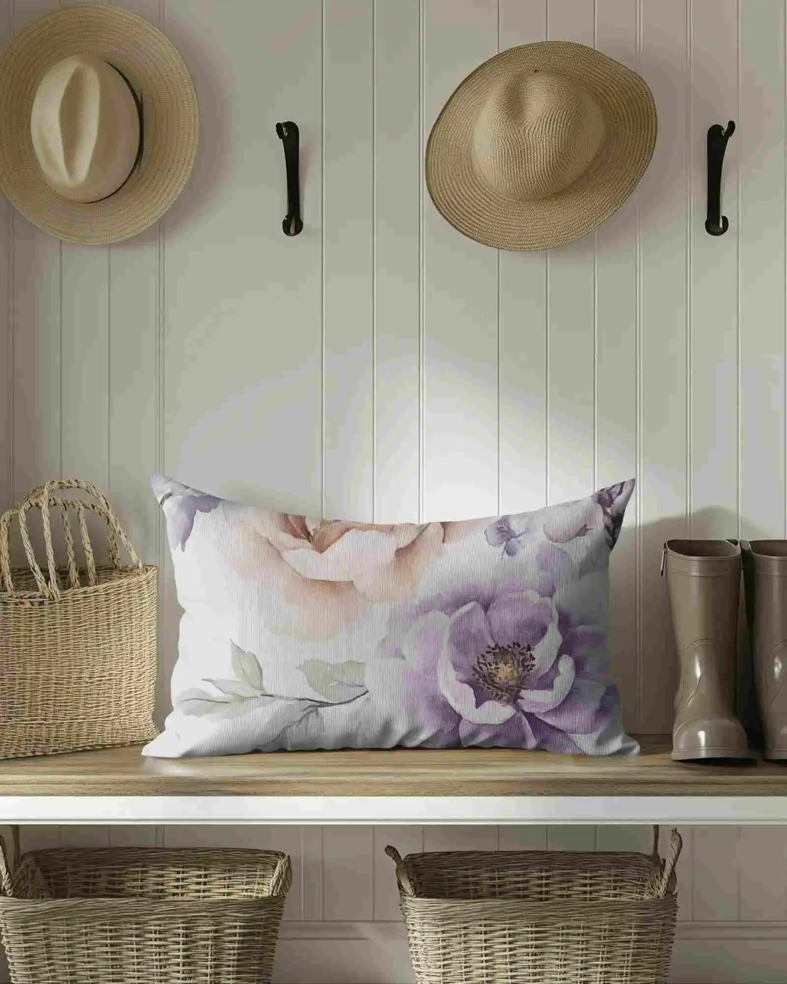 Farmhouse Entryway Cushion Mockup On Wood Bench With Wicker Baskets Straw Hats And Neutral Decor Rustic And Inviting Look