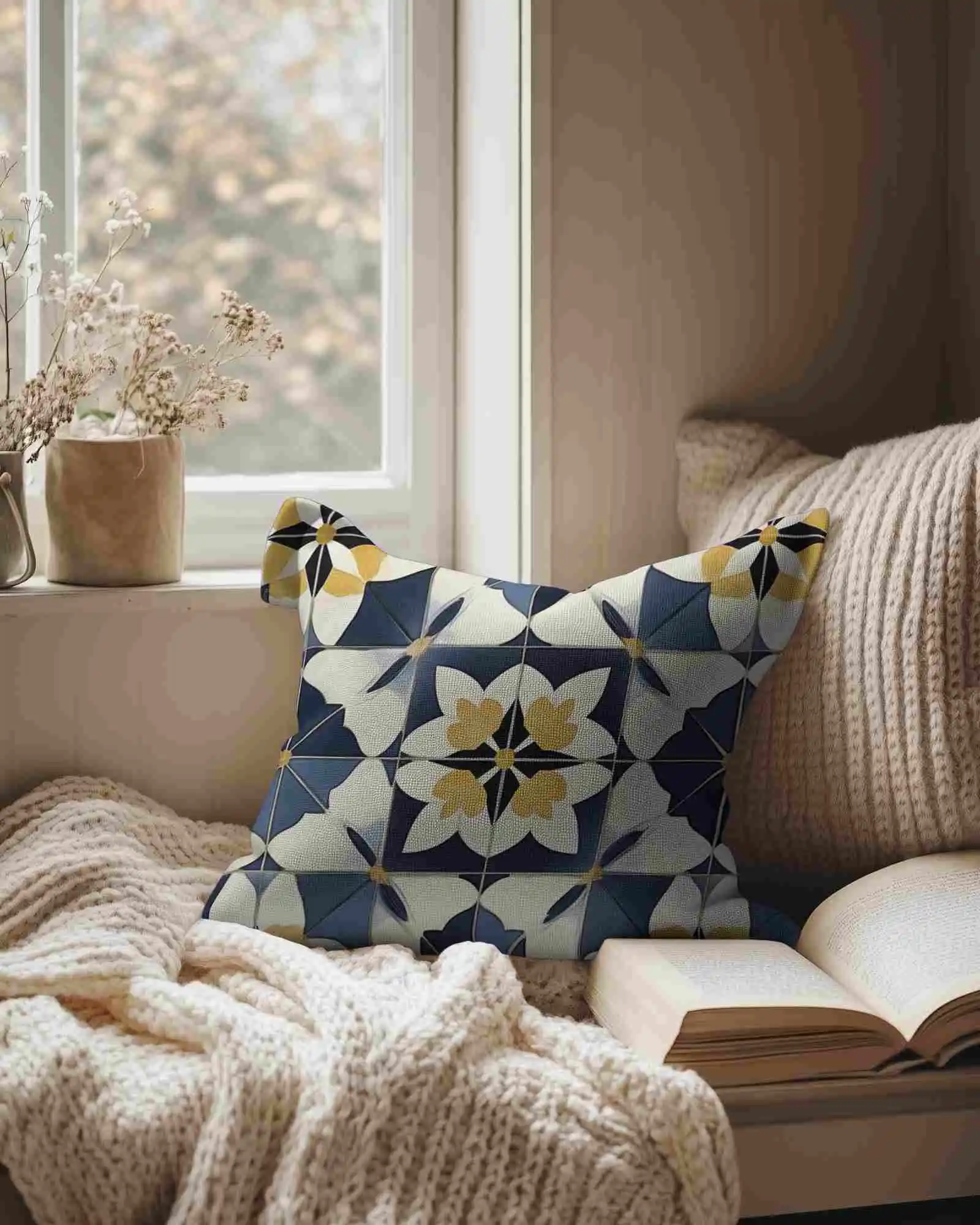 Cozy Window Nook Cushion Mockup Square Pillow On Knit Blanket With Open Book Dried Flowers And Soft Natural Light Warm Autumn Vibe