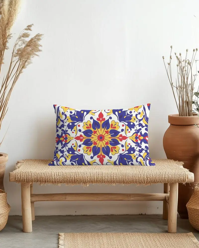 Boho Minimal Cushion Mockup White Pillow On Woven Bench With Dried Grasses And Clay Pots In Bright Room 055