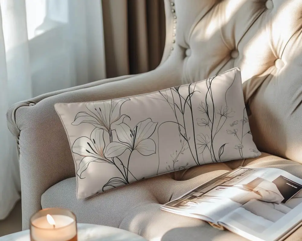 Sunlit Cozy Interior Cushion Mockup Rectangle Pillow On Armchair With Open Magazine And Candle 057