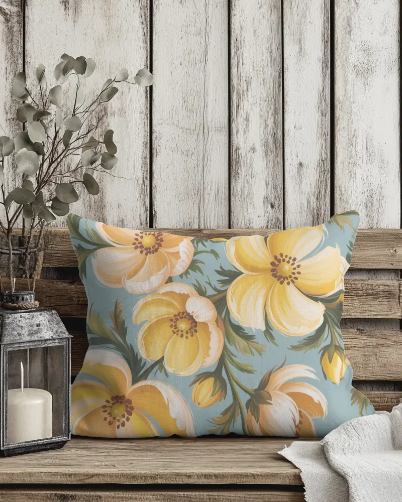 Rustic Wooden Bench Cushion Mockup White Pillow With Candle And Dried Leaves On Weathered Wall 067