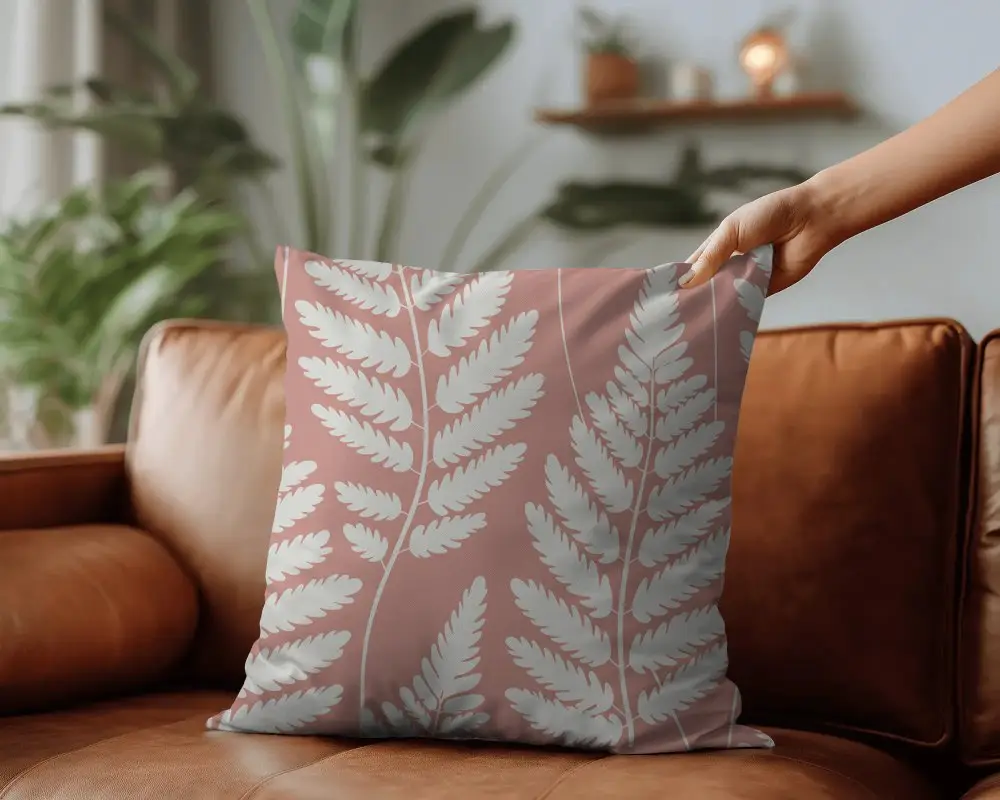 Modern Square Cushion Mockup On Leather Sofa In Minimalist Living Room Setting Hand Placement