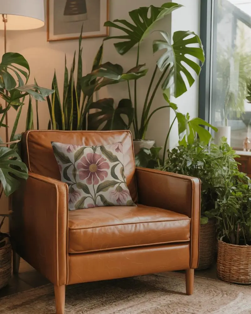 Cozy Living Room Leather Sofa With Square Soft Cushion Mockup For Home Decor Inspiration