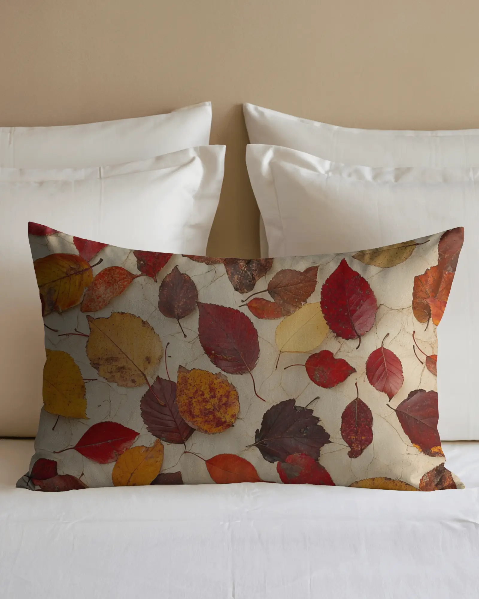 Bedroom Pillow Mockup On White Sheets With Neatly Stacked Pillows Against Beige Wall Soft And Minimal Sleep Space