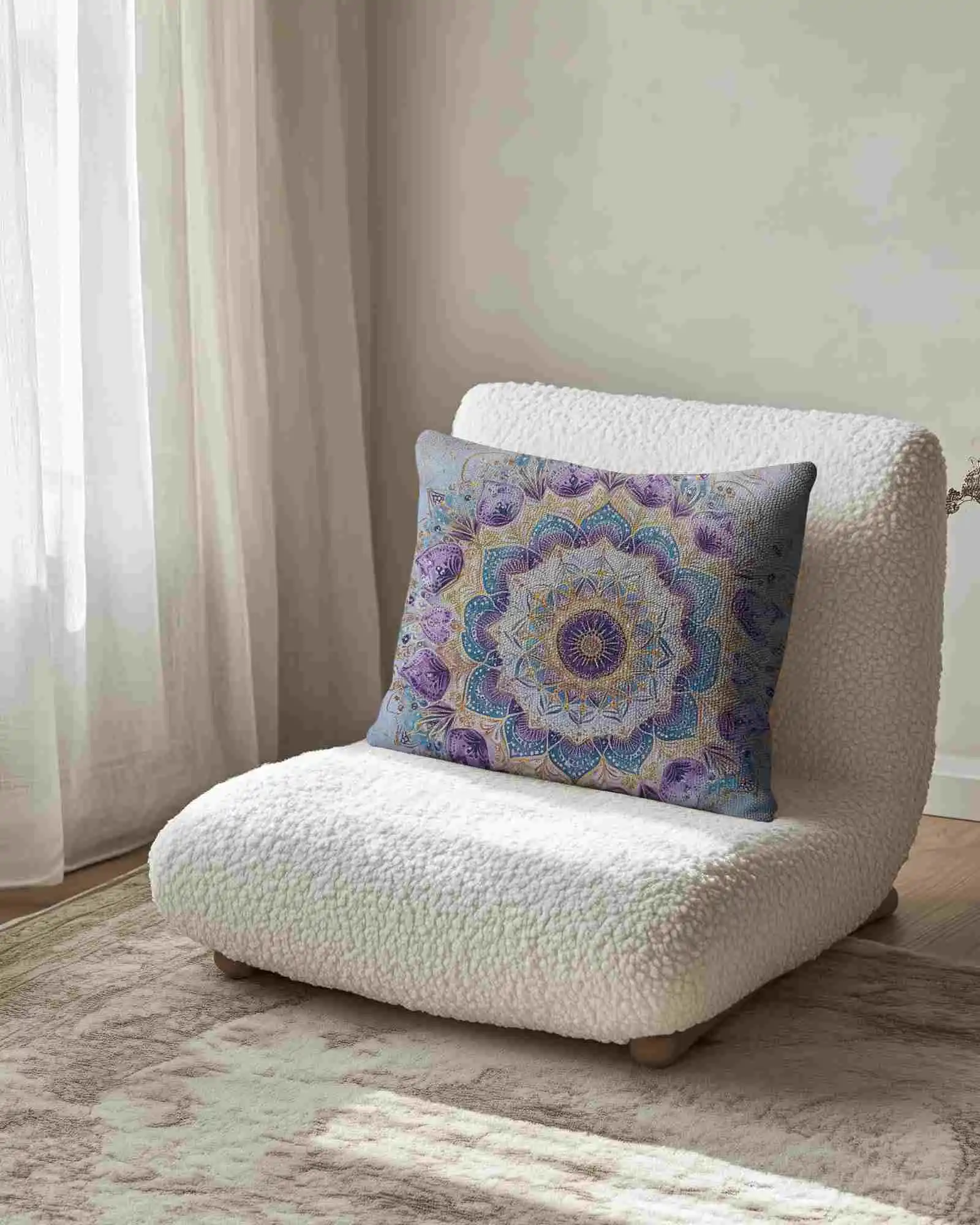 Neutral Toned Cushion Mockup On Sherpa Accent Chair With Soft Lighting And Curtains Cozy Scandi Interior Vibes