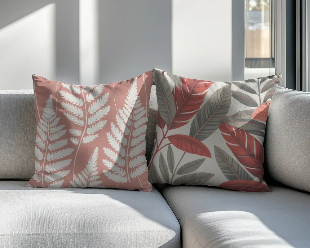 Modern Living Room Cushion Mockup Two White Pillows On Sofa In Sunlit Interior With Soft Shadows 065