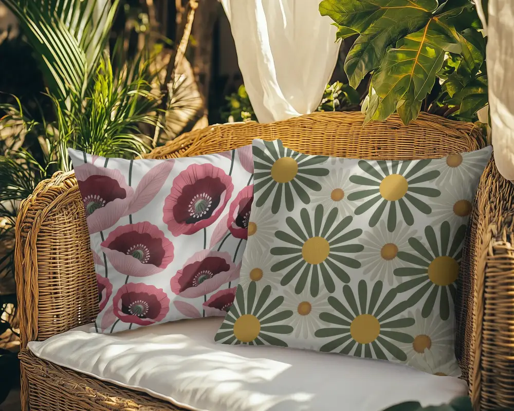 Outdoor Rattan Cushion Mockup Two White Pillows On Wicker Sofa In Sunny Garden With Greenery 061
