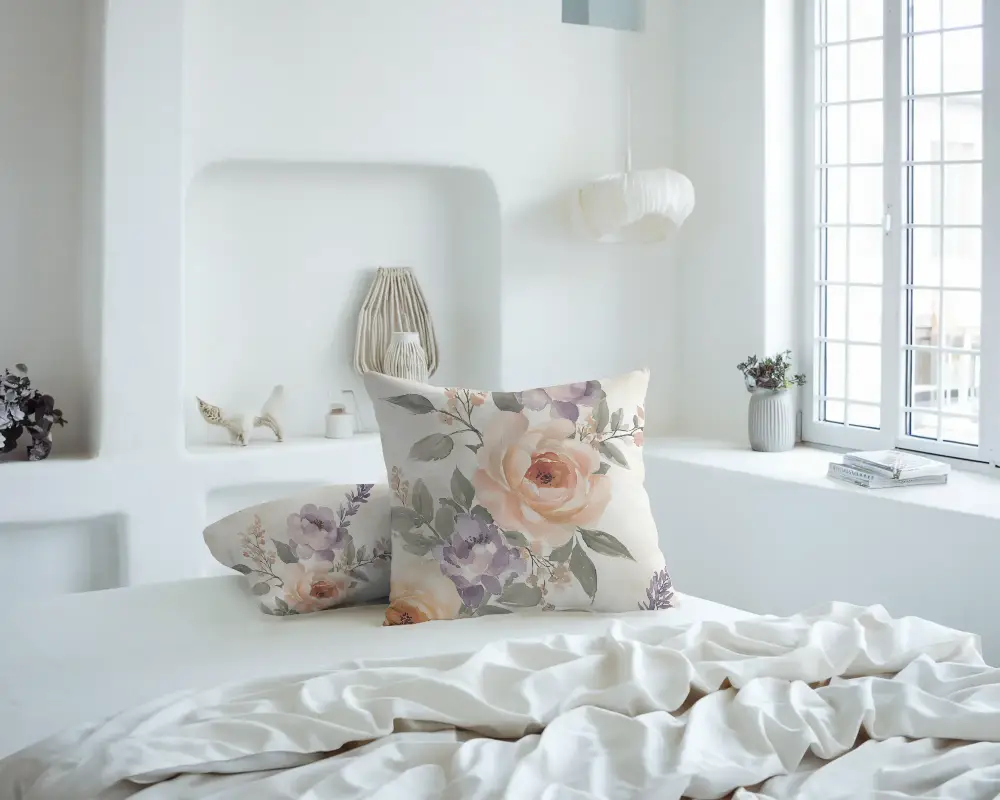 Soft Light Cushion Mockup Two Pillows On White Bed In Modern Sunlit Room 058