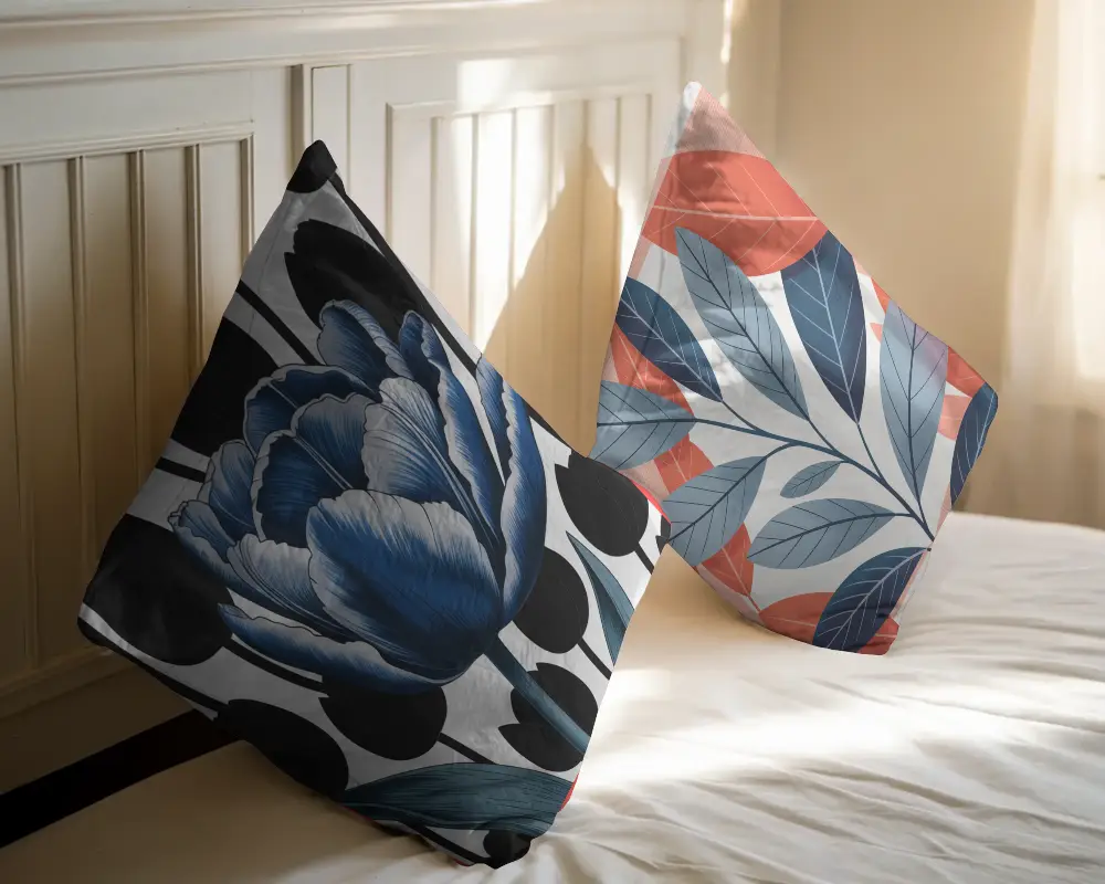 Sunlit Bedroom Cushion Mockup Two Pillows On Bed Against Wooden Panel Headboard With Soft Light 059