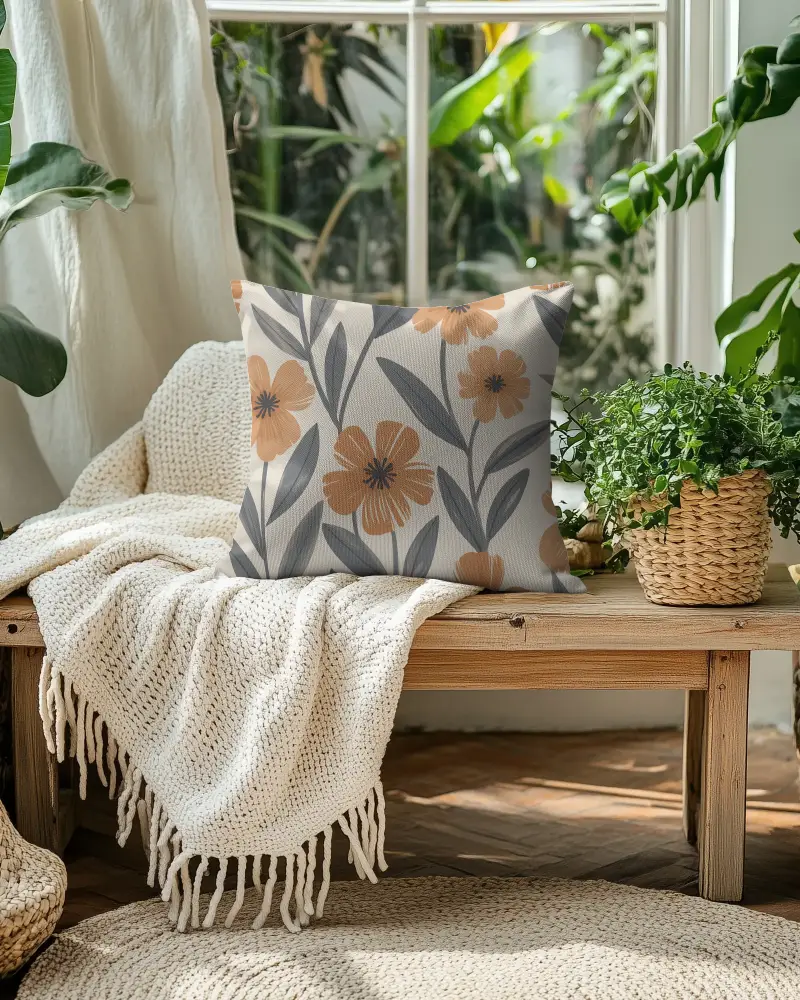 Sunlit Window Cushion Mockup White Pillow On Wooden Bench With Throw And Green Plants 060