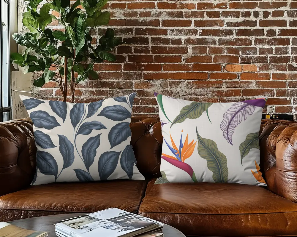 Urban Loft Cushion Mockup White Pillows On Brown Leather Sofa With Brick Wall And Indoor Plant 066