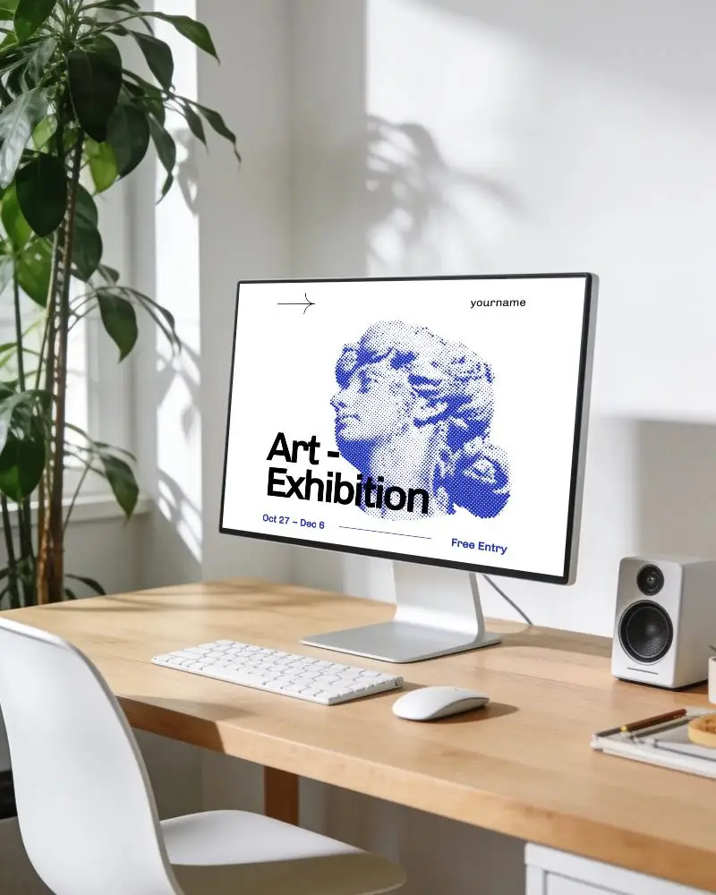 Modern Minimalist Home Office Lenovo Desktop Mockup With Keyboard Mouse And Speaker On Wood Desk