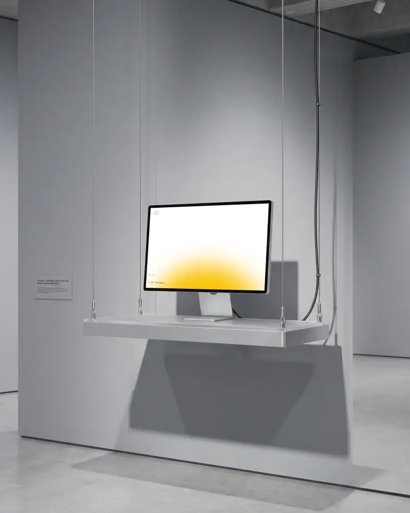 Modern Suspended Hp Desktop Mockup Floating Workstation Wired Display Platform Minimalist