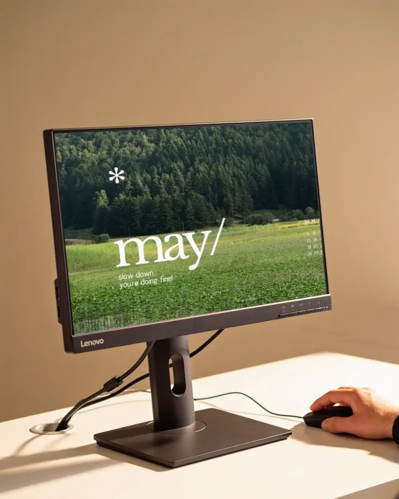 Modern Lenovo Desktop Mockup Monitor Setup With Cord Managed On White Desk For Efficient Workstation