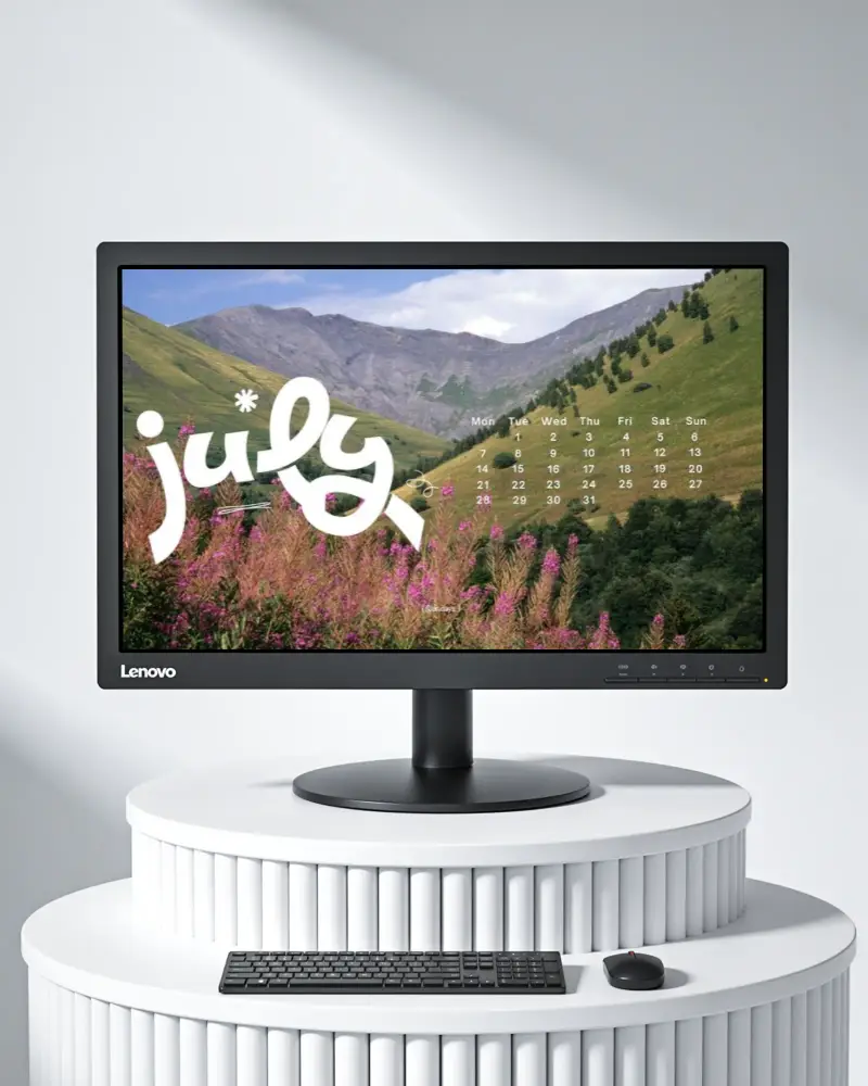 Sleek Lenovo Desktop Mockup Monitor Setup With Keyboard And Wireless Mouse On White Round Stand