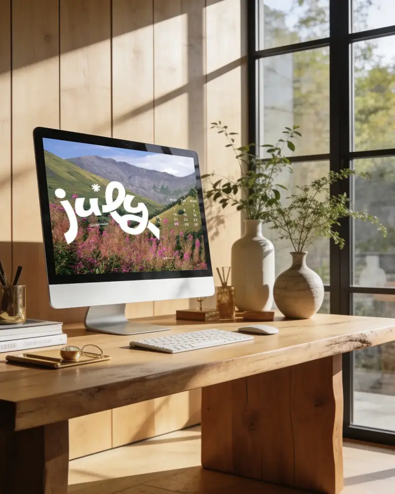 Modern Minimalist Desk Setup With Apple Desktop Mockup And Natural Light From Window