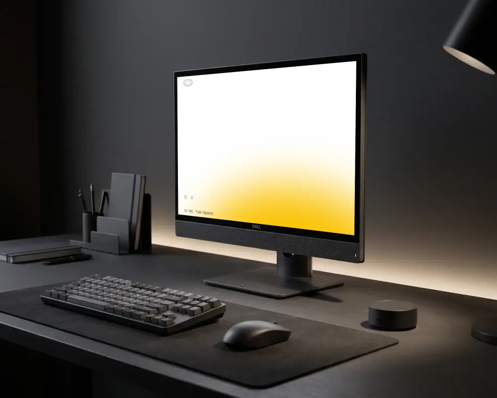 Sleek Modern Dell Desktop Mockup With Keyboard Mouse And Accessories On Minimalist Desk