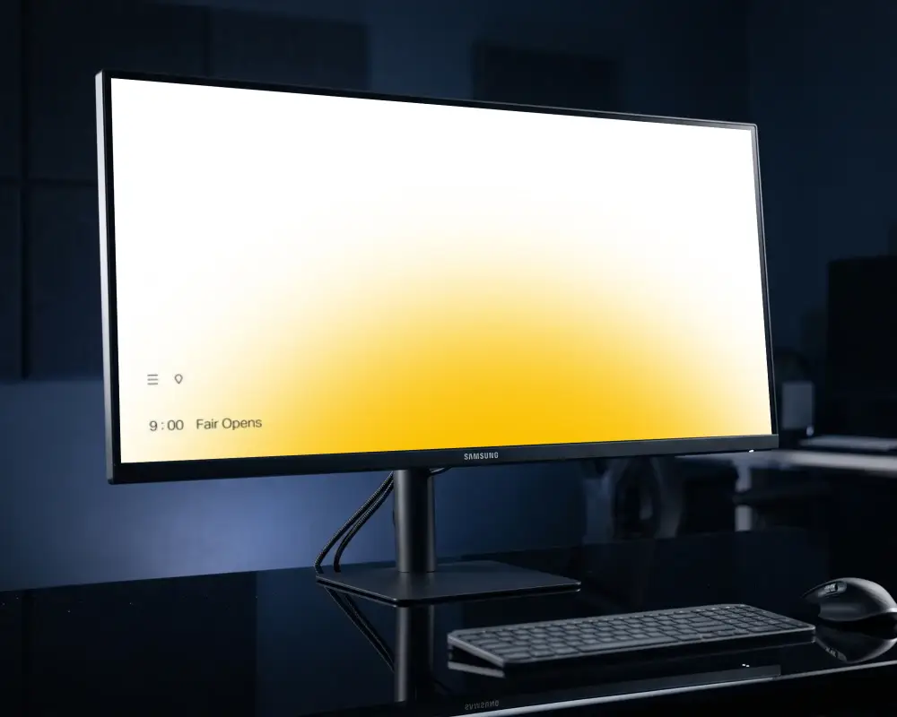 Ultra Wide Samsung Desktop Mockup Monitor With Wireless Keyboard And Mouse For Enhanced Productivity