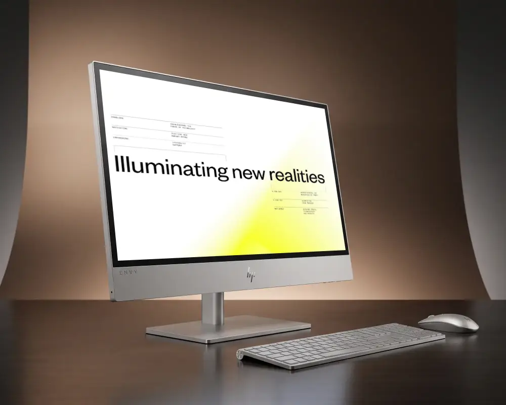 Sleek Minimalist Hp Desktop Pc Setup With Wireless Keyboard And Ergonomic Design