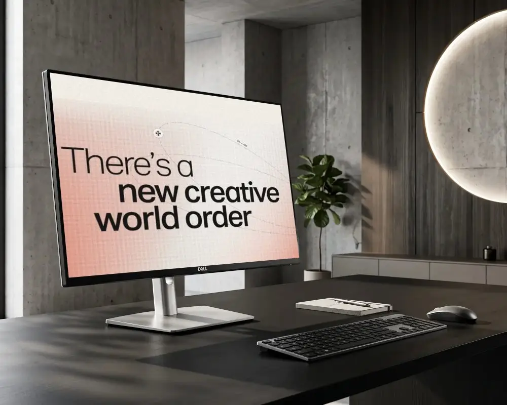 Modern Minimalist Dell Desktop Mockup With Monitor Keyboard Mouse And Notepad On Desk