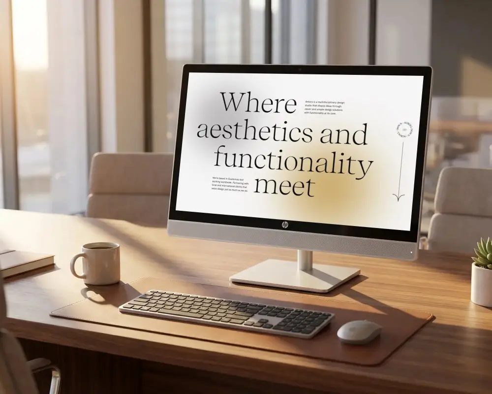 Modern Minimalist Hp Desktop Mockup With Wireless Keyboard And Mouse On Wooden Desk