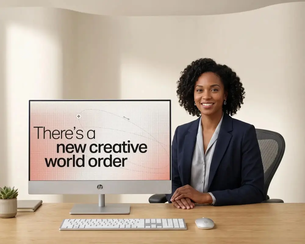 Professional Woman Presenting Modern Hp Desktop Mockup On Minimalist Office Desk Space