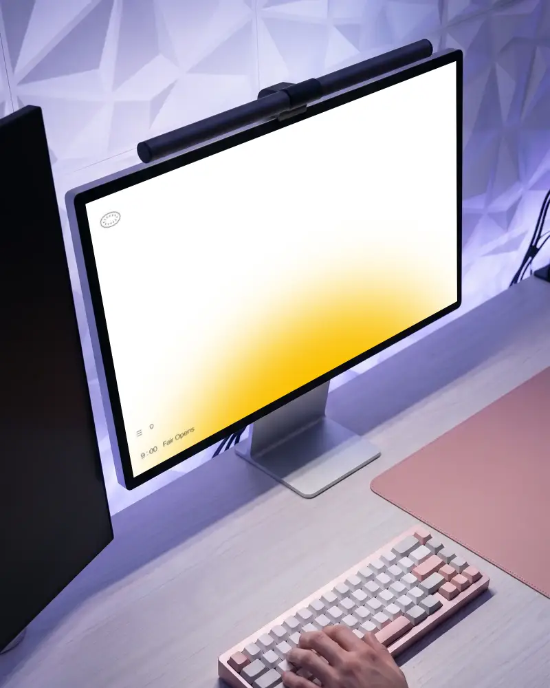 Modern Home Office Setup With Large Apple Desktop Mockup And Compact Mechanical Keyboard