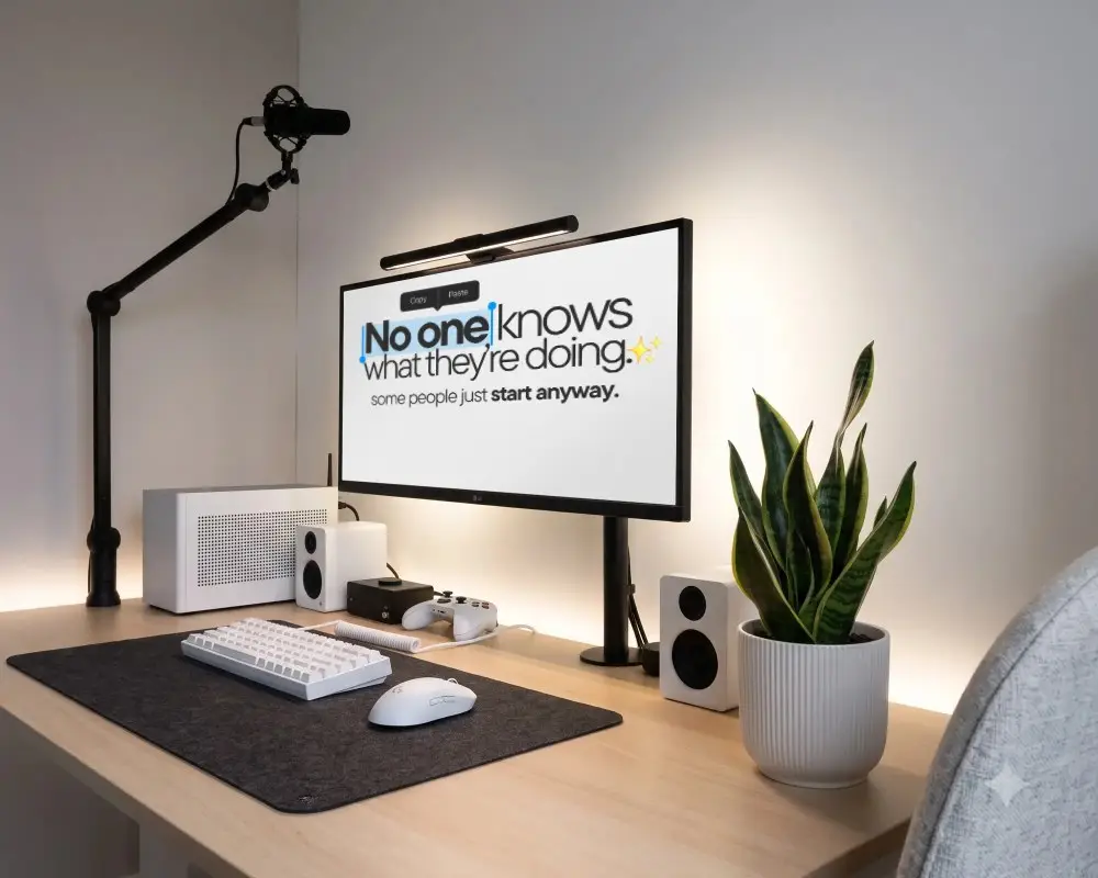 Minimalist Organized Acer Desktop Mockup Setup With Monitor Keyboard Speakers And Microphone Arm