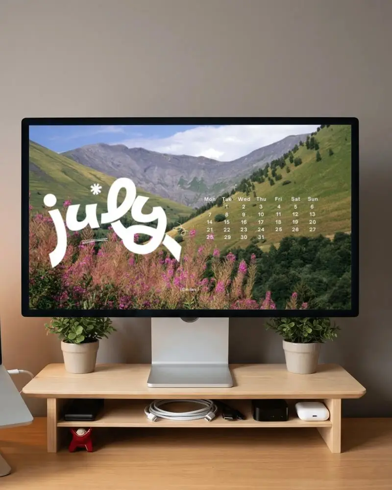 Sleek Apple Desktop Mockup With Minimalist Wooden Stand And Organized Tech Cable Storage Setup