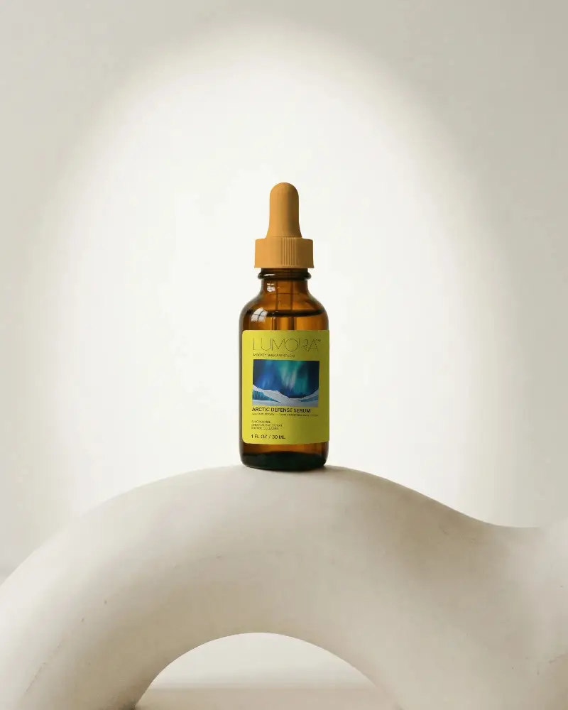Amber Glass Dropper Bottle With Custom Label On Ceramic Arch For Skincare Or Essential Oil