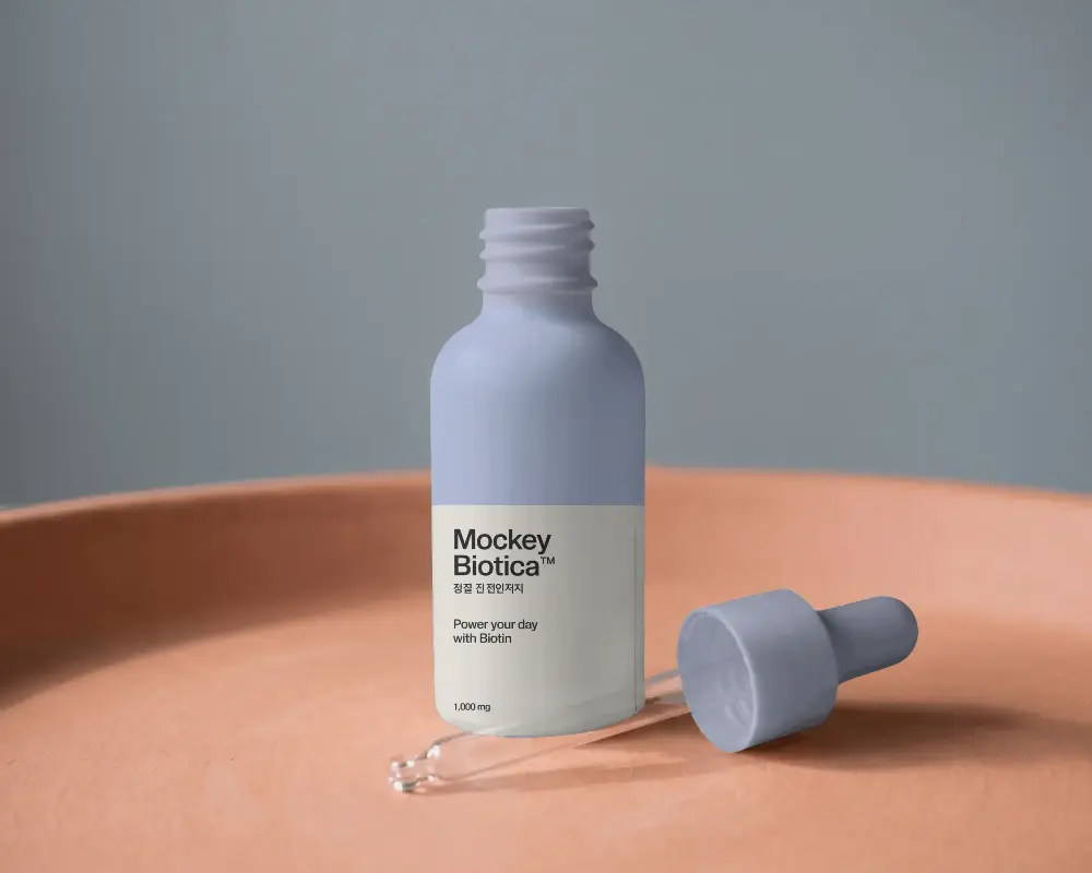 Empty Transparent Dropper Bottle Mockup With Detached Cap On Minimalist Ceramic Plate