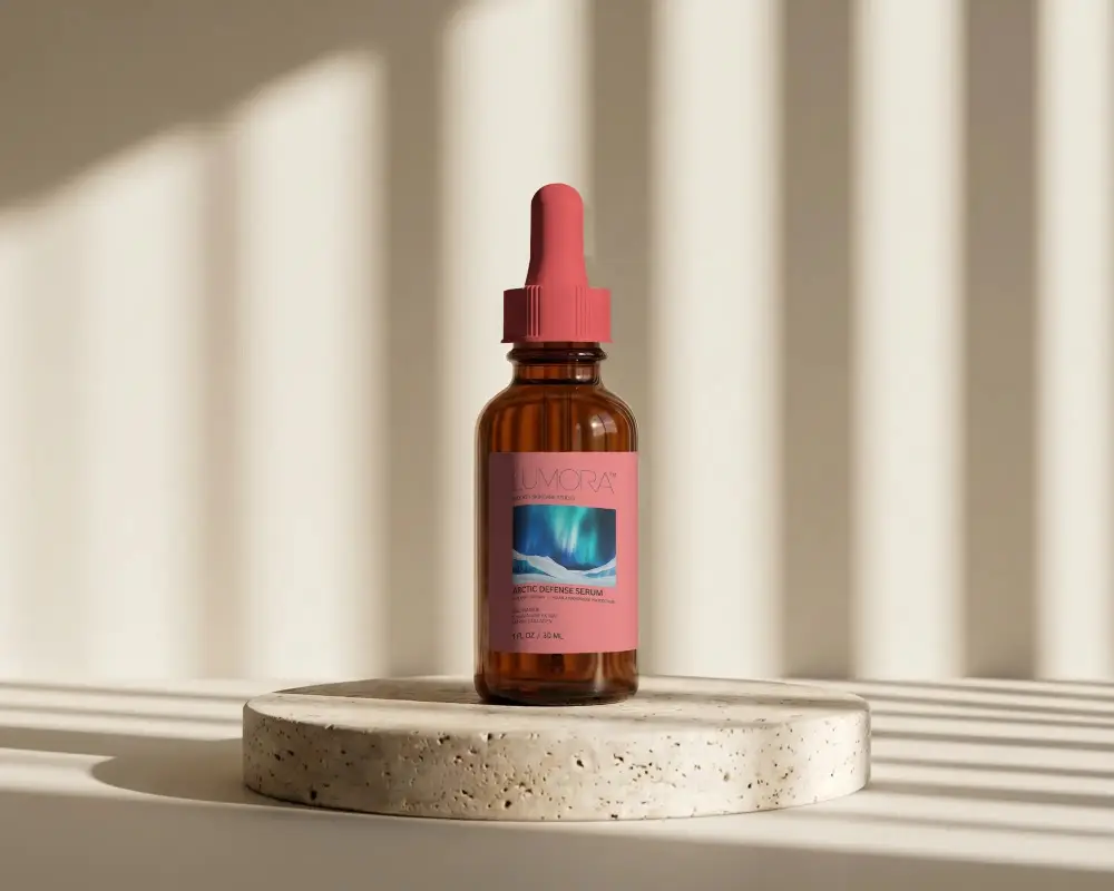 Dropper Bottle Mockup Display On Stone Pedestal With Simple Shaded Wall Background
