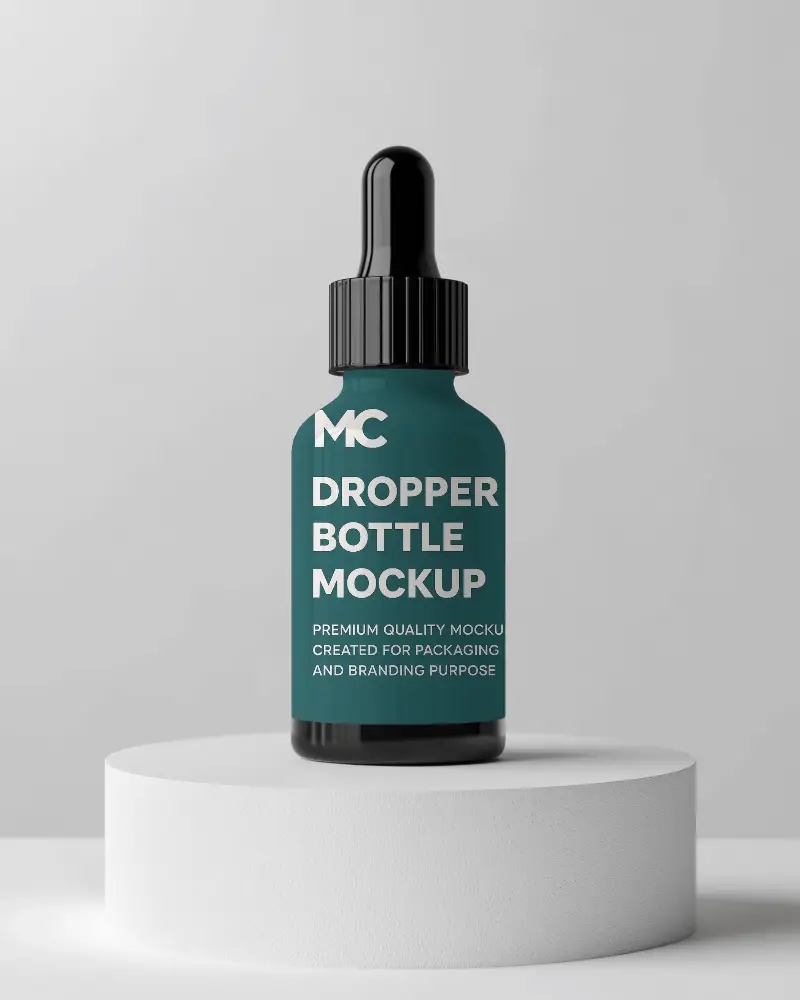 Clean Modern Dropper Bottle Mockup On White Cylinder With Minimalistic Background