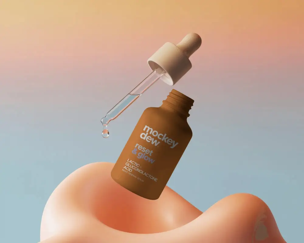 Premium Dropper Bottle Mockup Floating On Smooth Abstract Shape With Liquid Drop Focused