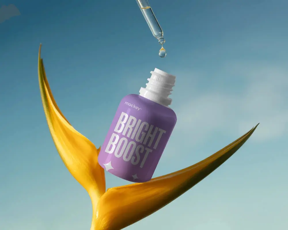 Floating Dropper Bottle Mockup With Droplet Above Natural Flower Beauty Skincare Product Mockup