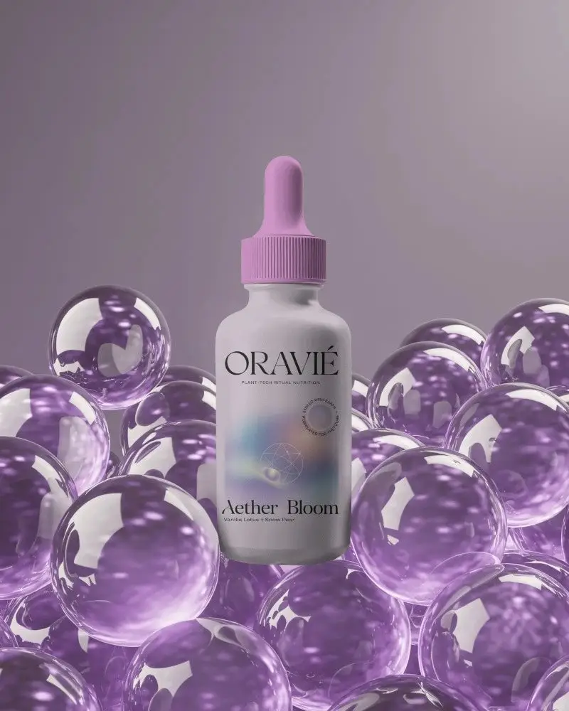 Dropper Bottle Mockup Floating Above Glossy Transparent Spheres Beauty Packaging Template