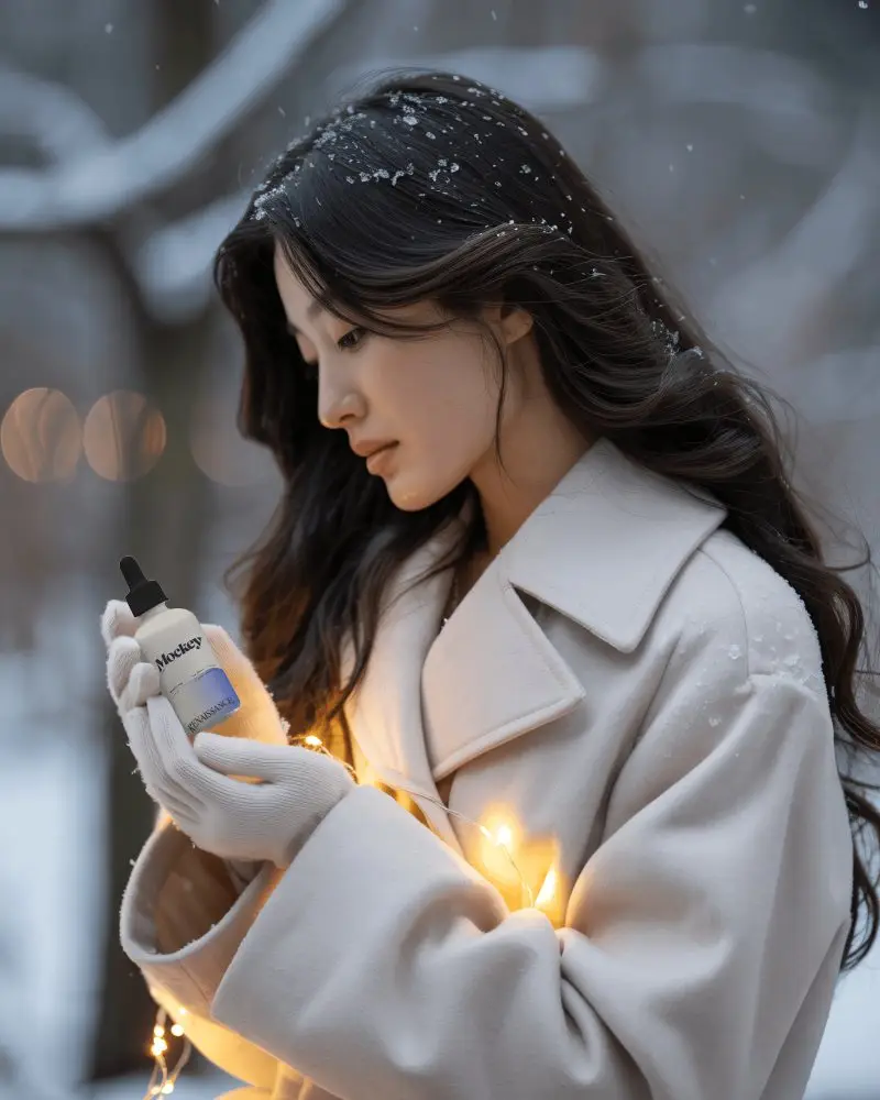Winter Outdoor Dropper Bottle Mockup Female Model In Soft Snowy Light Serene Look