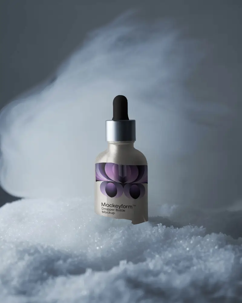Frosty Dropper Bottle Mockup Minimal Winter Scene With Snow And Cold Vapor