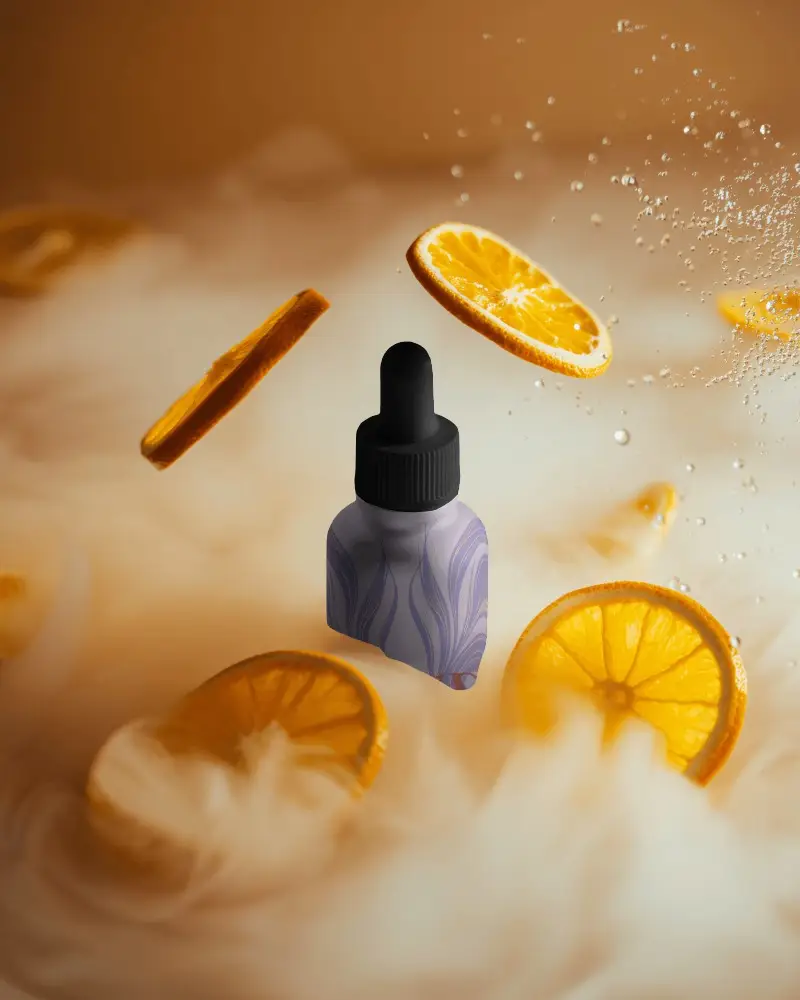 Citrus Dropper Bottle Mockup Orange Slices Floating In Vibrant Fog Scene Bright Zesty Aesthetic