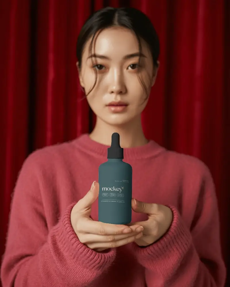 Minimalist Dropper Bottle Mockup Female Model In Pink Sweater Red Curtain Backdrop
