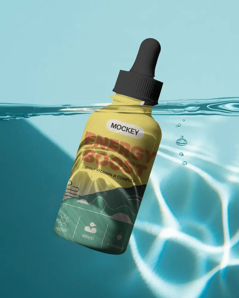 Aquatic Dropper Bottle Mockup Floating Underwater With Light Reflections