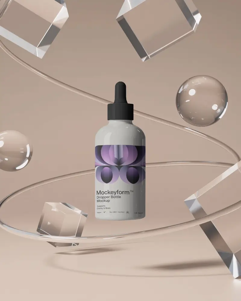 Luxury Dropper Bottle Mockup Floating With Glass Spheres And Cubes Minimal Design