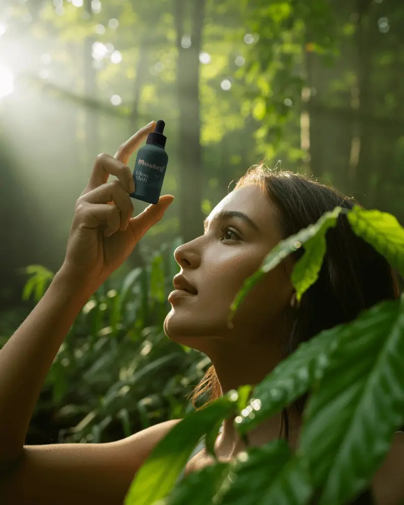 Nature Inspired Dropper Bottle Mockup Woman In Forest With Sunlight Beams